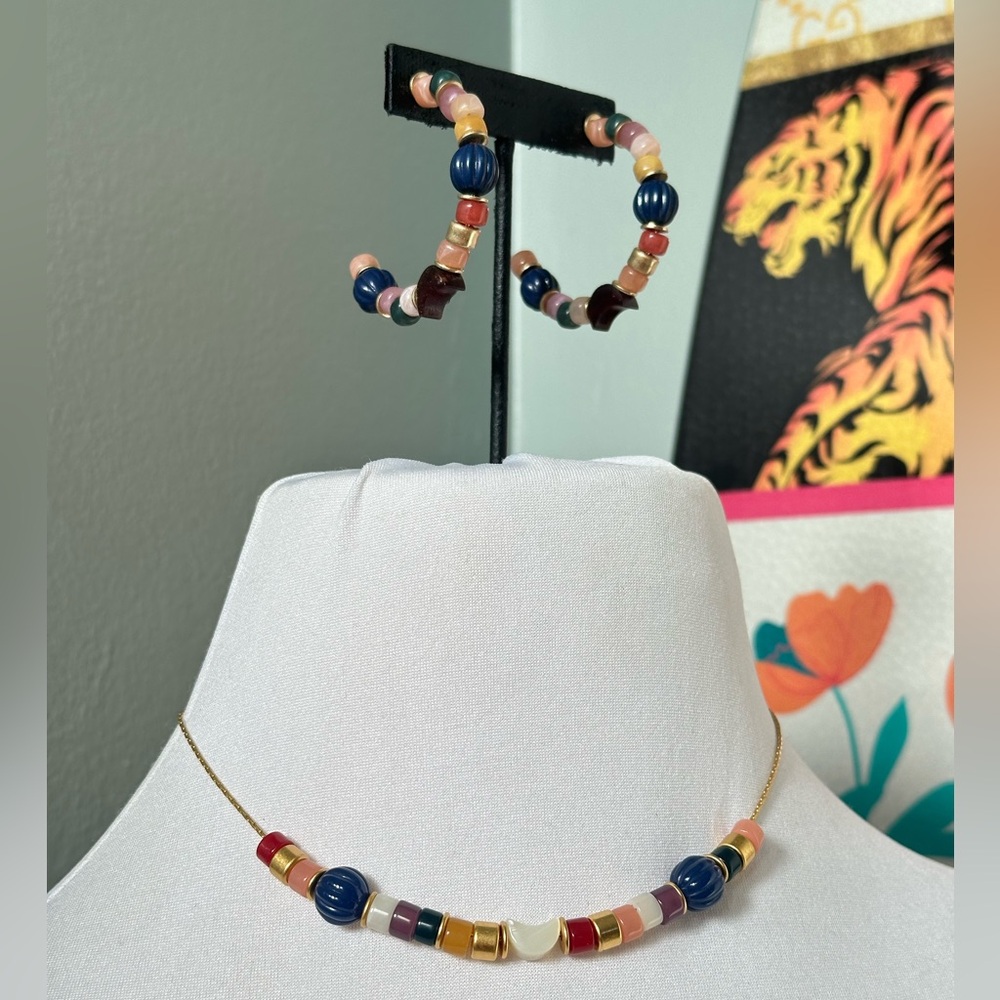 Madewell Plastic Beaded Necklace & Hoop Earring Set Moon Celestial Fairycore